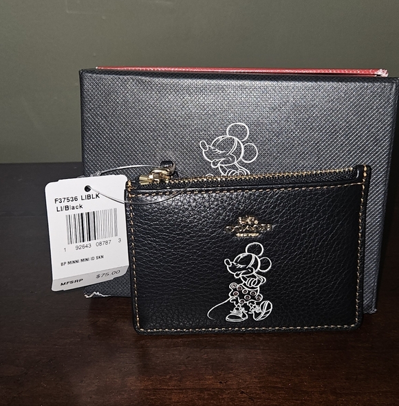 Coach Handbags - Disney X Coach Black Leather Minnie Mouse Mini ID Skinny Card Case New With Tag